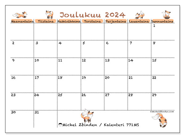 Kalenteri joulukuu 2024 “771”. Ilmainen tulostettava lehti.. Maanantaista sunnuntaihin