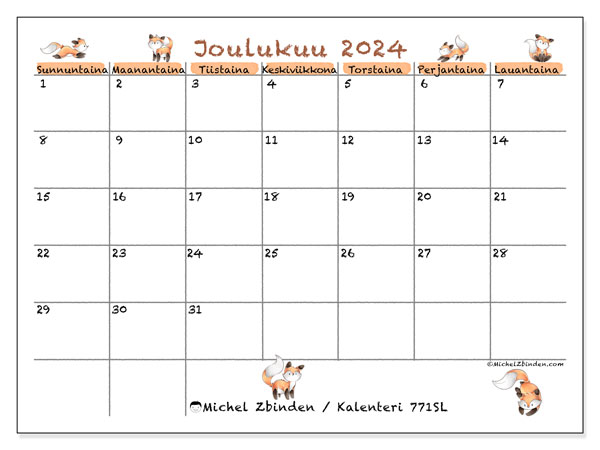 Kalenteri joulukuu 2024 “771”. Ilmainen tulostettava lehti.. Sunnuntaista lauantaihin
