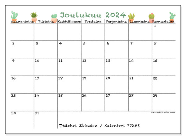 Kalenteri joulukuu 2024 “772”. Ilmainen tulostettava kalenteri.. Maanantaista sunnuntaihin
