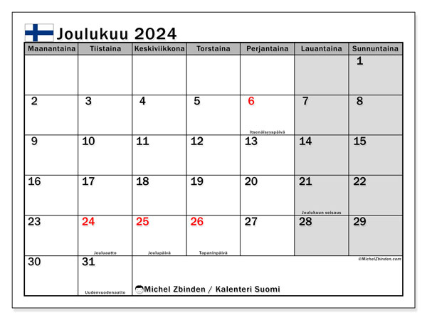 Suomi, kalenteri joulukuu 2024, tulostettavaksi, ilmainen.