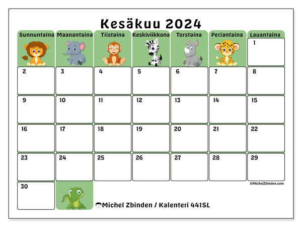 Kalenteri kesäkuu 2024 “441”. Ilmainen tulostettava kalenteri.. Sunnuntaista lauantaihin