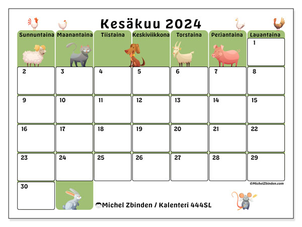 Kalenteri kesäkuu 2024 “444”. Ilmainen tulostettava kalenteri.. Sunnuntaista lauantaihin