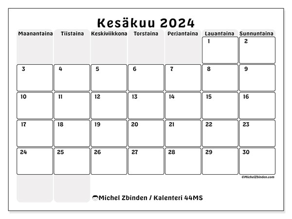 Kalenteri kesäkuu 2024 “44”. Ilmainen tulostettava ohjelma.. Maanantaista sunnuntaihin