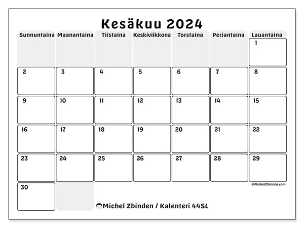 Kalenteri kesäkuu 2024 “44”. Ilmainen tulostettava ohjelma.. Sunnuntaista lauantaihin