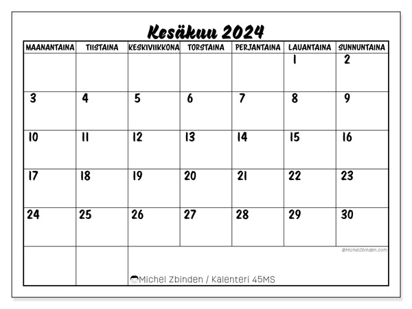 Tulostettava kalenteri, kesäkuu 2024, 45MS
