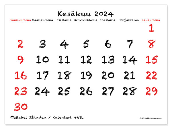 Kalenteri kesäkuu 2024 “46”. Ilmainen tulostettava lehti.. Sunnuntaista lauantaihin