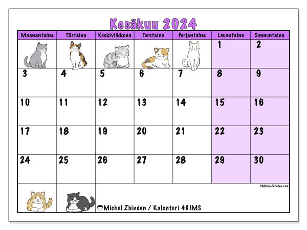 Kalenteri kesäkuu 2024 “481”. Ilmainen tulostettava kalenteri.. Maanantaista sunnuntaihin