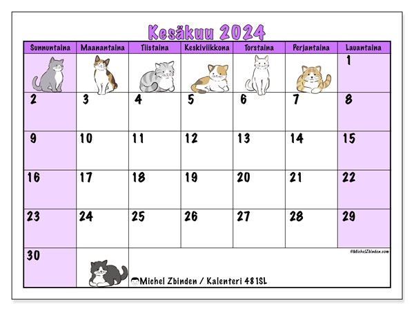 Kalenteri kesäkuu 2024 “481”. Ilmainen tulostettava kalenteri.. Sunnuntaista lauantaihin