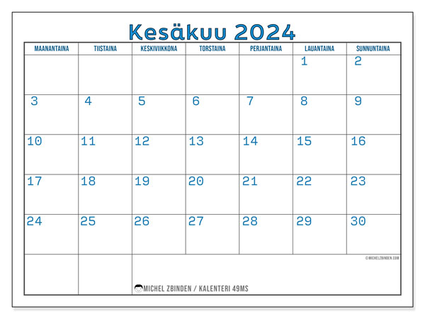 Kalenteri kesäkuu 2024 “49”. Ilmainen tulostettava lehti.. Maanantaista sunnuntaihin