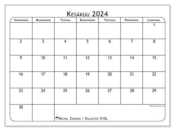 Kalenteri kesäkuu 2024 “51”. Ilmainen tulostettava ohjelma.. Sunnuntaista lauantaihin