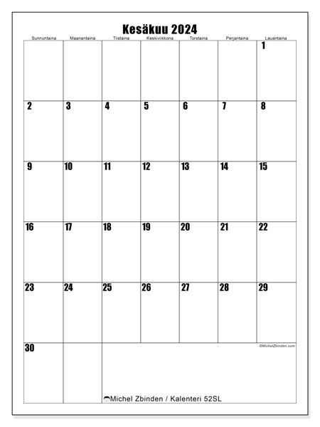 Kalenteri kesäkuu 2024 “52”. Ilmainen tulostettava kalenteri.. Sunnuntaista lauantaihin