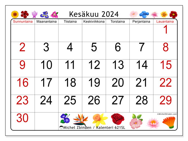 Kalenteri kesäkuu 2024 “621”. Ilmainen tulostettava kalenteri.. Sunnuntaista lauantaihin