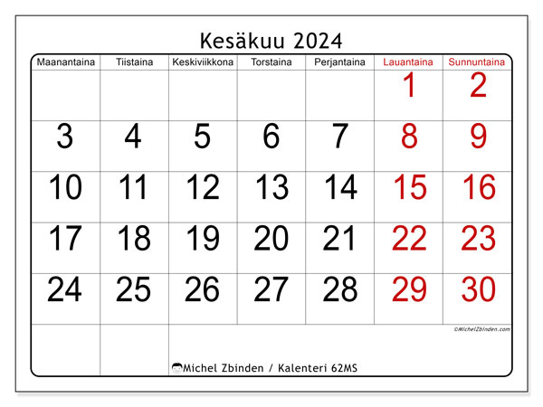 Kalenteri kesäkuu 2024 “62”. Ilmainen tulostettava lehti.. Maanantaista sunnuntaihin