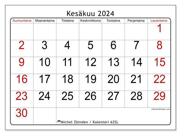 Kalenteri kesäkuu 2024 “62”. Ilmainen tulostettava lehti.. Sunnuntaista lauantaihin