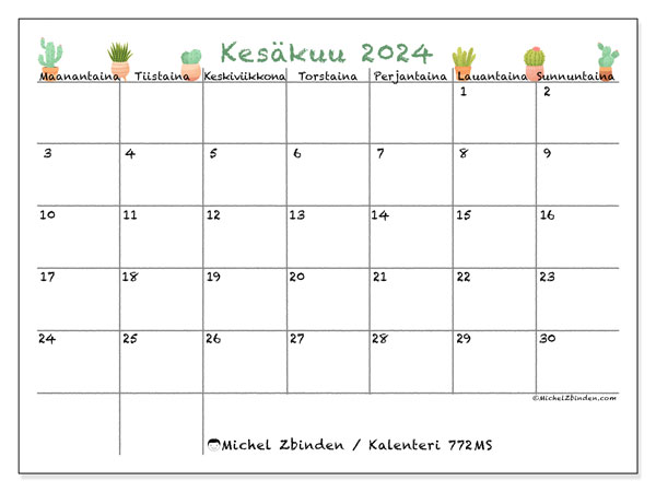 Kalenteri kesäkuu 2024 “772”. Ilmainen tulostettava aikataulu.. Maanantaista sunnuntaihin