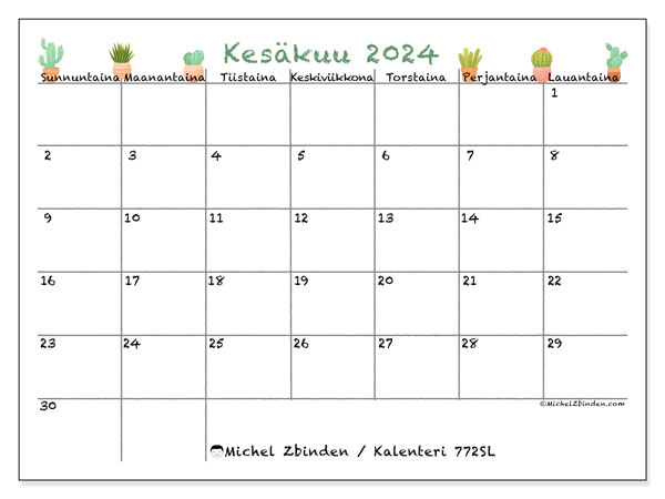 Kalenteri kesäkuu 2024 “772”. Ilmainen tulostettava aikataulu.. Sunnuntaista lauantaihin