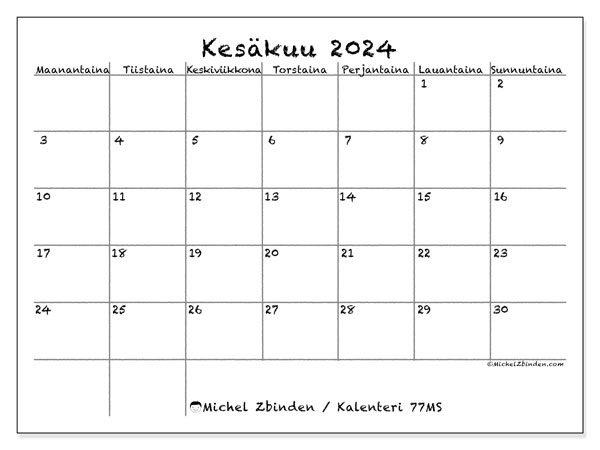 Tulostettava kalenteri, kesäkuu 2024, 77MS