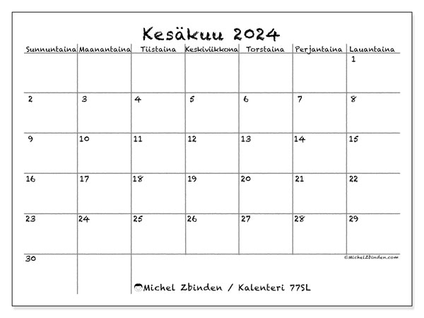 Tulostettava kalenteri, kesäkuu 2024, 77SL