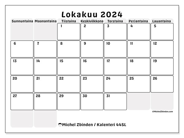 Kalenteri lokakuu 2024 “44”. Ilmainen tulostettava aikataulu.. Sunnuntaista lauantaihin