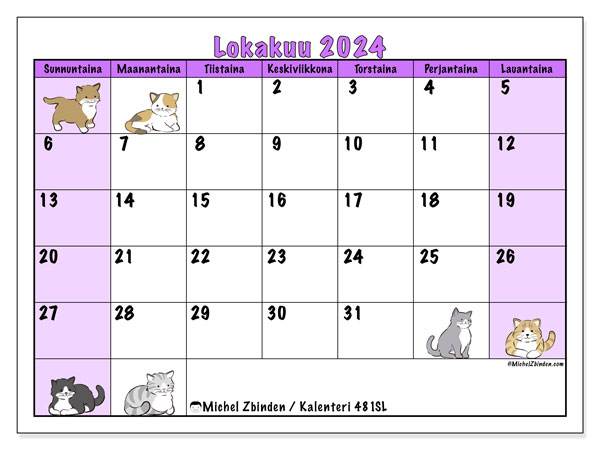 Kalenteri lokakuu 2024 “481”. Ilmainen tulostettava kalenteri.. Sunnuntaista lauantaihin