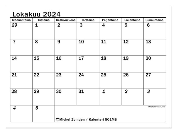 501MS, kalenteri lokakuu 2024, tulostettavaksi, ilmainen.