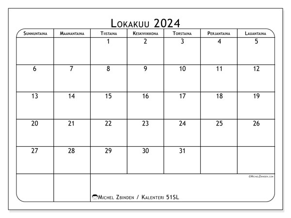 Kalenteri lokakuu 2024, 51SL. Ilmainen tulostettava ohjelma.