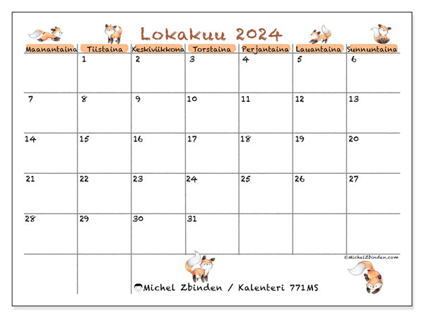 Kalenteri lokakuu 2024, 771MS. Ilmainen tulostettava aikataulu.