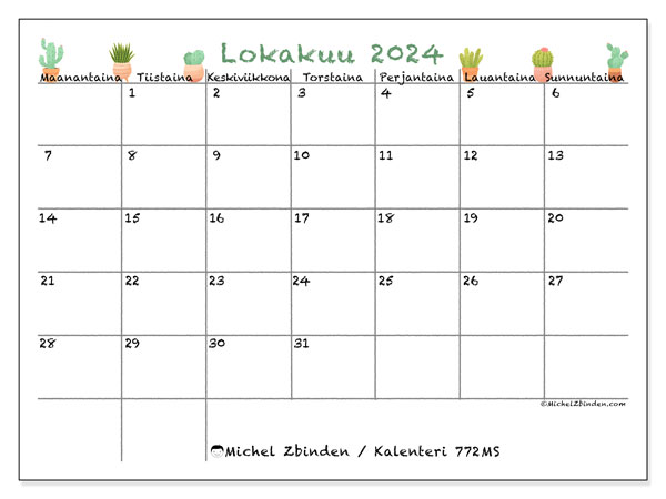 Kalenteri lokakuu 2024 “772”. Ilmainen tulostettava kalenteri.. Maanantaista sunnuntaihin