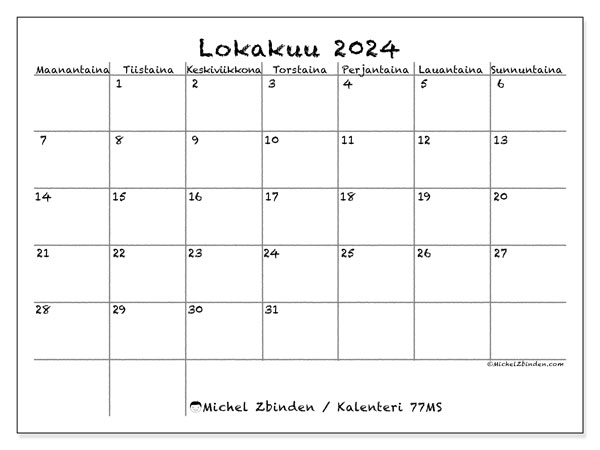 Kalenteri lokakuu 2024 “77”. Ilmainen tulostettava aikataulu.. Maanantaista sunnuntaihin