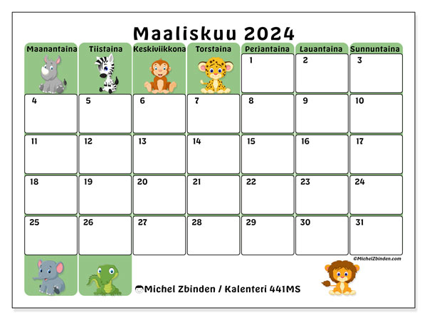 Kalenteri maaliskuu 2024, 441MS. Ilmainen tulostettava aikataulu.