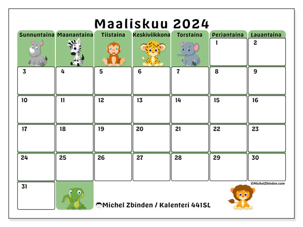 Kalenteri maaliskuu 2024 “441”. Ilmainen tulostettava kalenteri.. Sunnuntaista lauantaihin