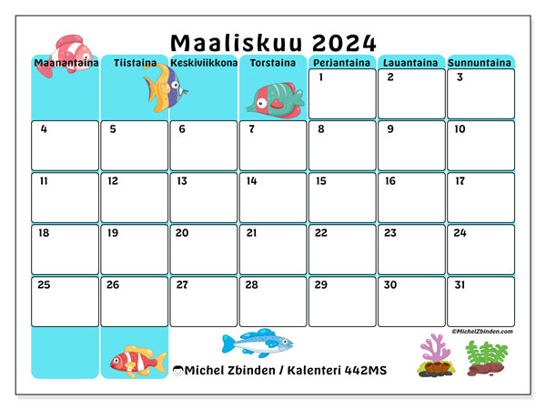 Kalenteri maaliskuu 2024, 442MS. Ilmainen tulostettava aikataulu.