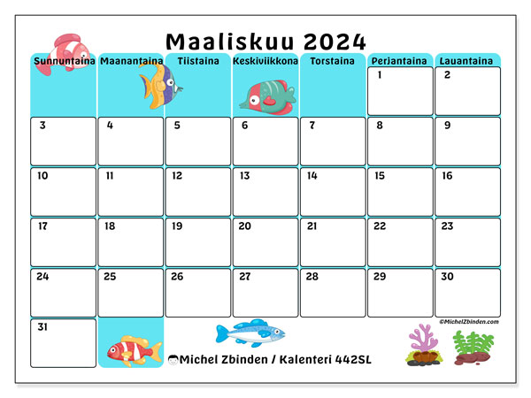 Kalenteri maaliskuu 2024 “442”. Ilmainen tulostettava aikataulu.. Sunnuntaista lauantaihin