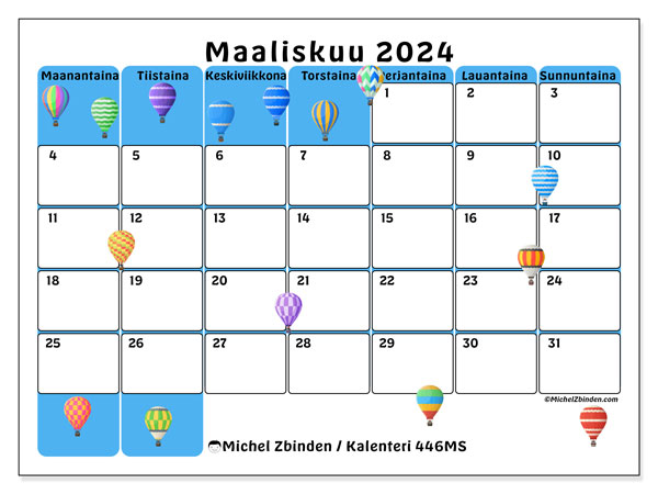Kalenteri maaliskuu 2024 “446”. Ilmainen tulostettava kartta.. Maanantaista sunnuntaihin