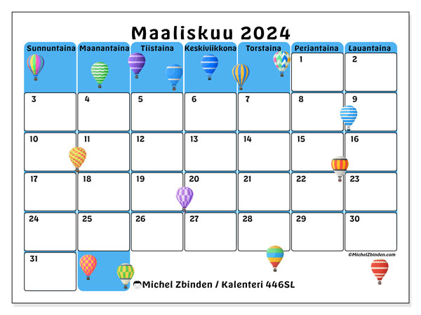 Kalenteri maaliskuu 2024 “446”. Ilmainen tulostettava kartta.. Sunnuntaista lauantaihin