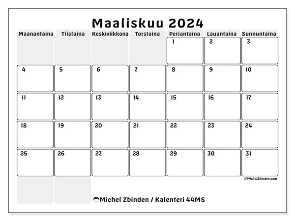 Kalenteri maaliskuu 2024 “44”. Ilmainen tulostettava aikataulu.. Maanantaista sunnuntaihin