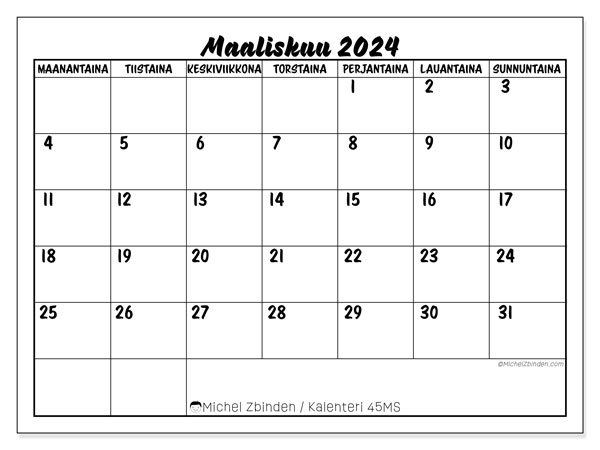 Kalenteri maaliskuu 2024 “45”. Ilmainen tulostettava kalenteri.. Maanantaista sunnuntaihin