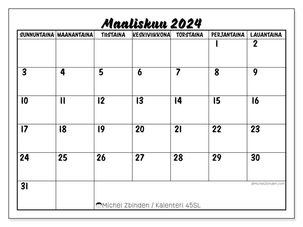 Kalenteri maaliskuu 2024 “45”. Ilmainen tulostettava kalenteri.. Sunnuntaista lauantaihin