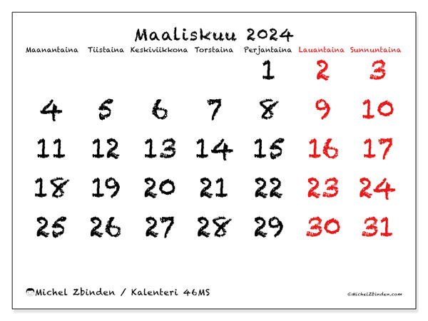 Kalenteri maaliskuu 2024, 46MS. Ilmainen tulostettava aikataulu.