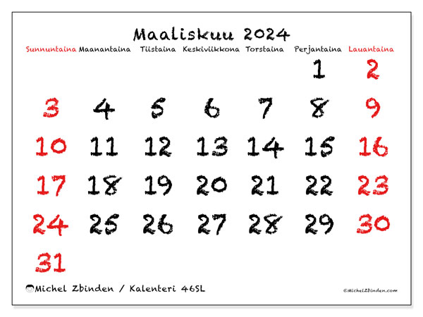 Kalenteri maaliskuu 2024 “46”. Ilmainen tulostettava lehti.. Sunnuntaista lauantaihin