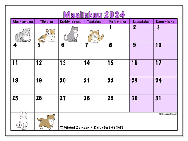 Kalenteri maaliskuu 2024 “481”. Ilmainen tulostettava kartta.. Maanantaista sunnuntaihin