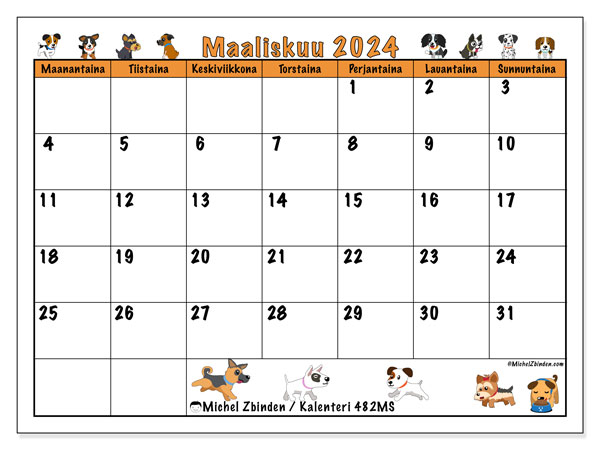 Kalenteri maaliskuu 2024, 482MS. Ilmainen tulostettava aikataulu.