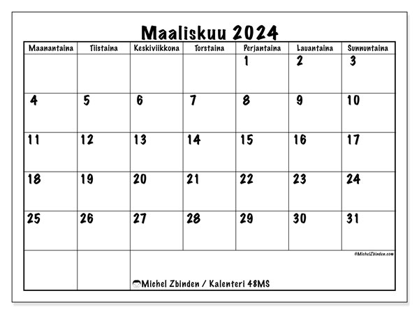 Tulostettava kalenteri, maaliskuu 2024, 48MS