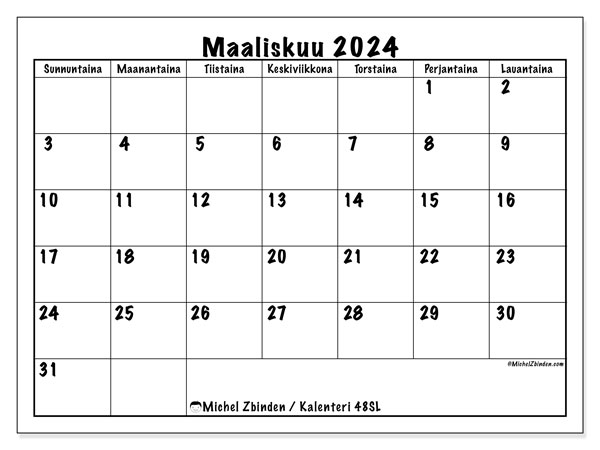 Kalenteri maaliskuu 2024 “48”. Ilmainen tulostettava kartta.. Sunnuntaista lauantaihin