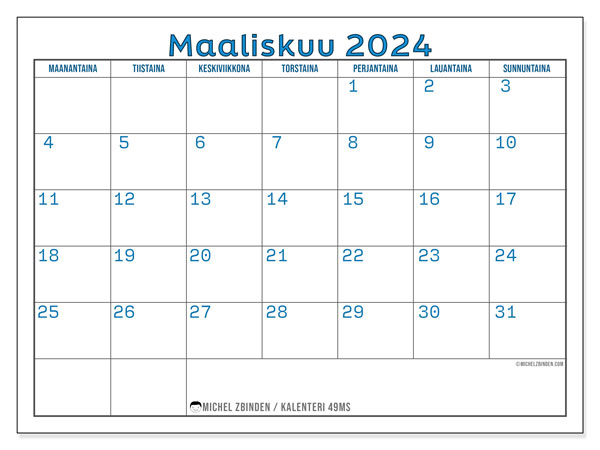 Kalenteri maaliskuu 2024 “49”. Ilmainen tulostettava lehti.. Maanantaista sunnuntaihin