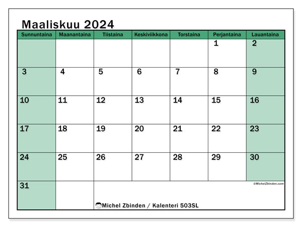 Kalenteri maaliskuu 2024 “503”. Ilmainen tulostettava kalenteri.. Sunnuntaista lauantaihin