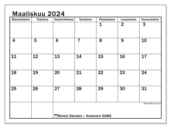 Kalenteri maaliskuu 2024 “50”. Ilmainen tulostettava kalenteri.. Maanantaista sunnuntaihin