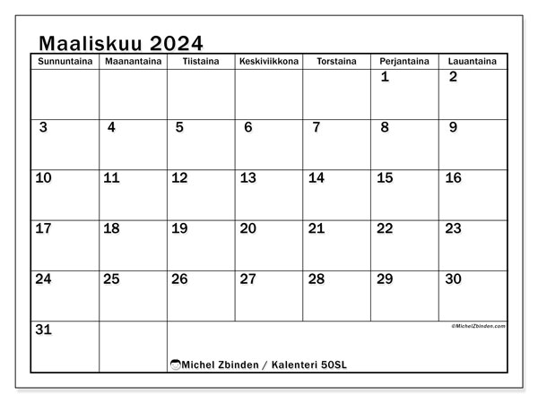 Kalenteri maaliskuu 2024 “50”. Ilmainen tulostettava kalenteri.. Sunnuntaista lauantaihin