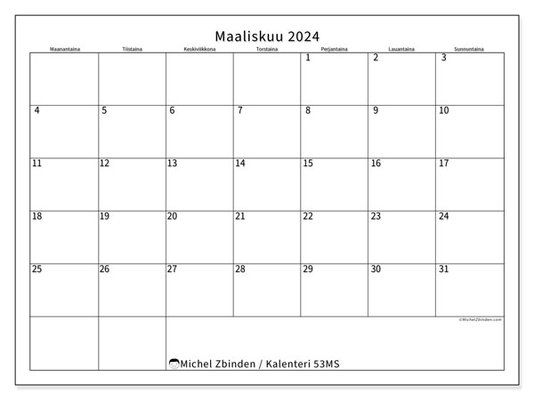 Kalenteri maaliskuu 2024, 53SL. Ilmainen tulostettava aikataulu.