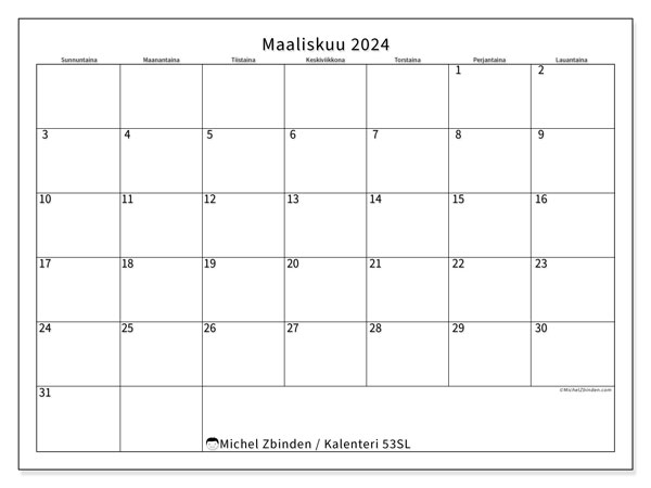 Kalenteri maaliskuu 2024, 53SL. Ilmainen tulostettava aikataulu.